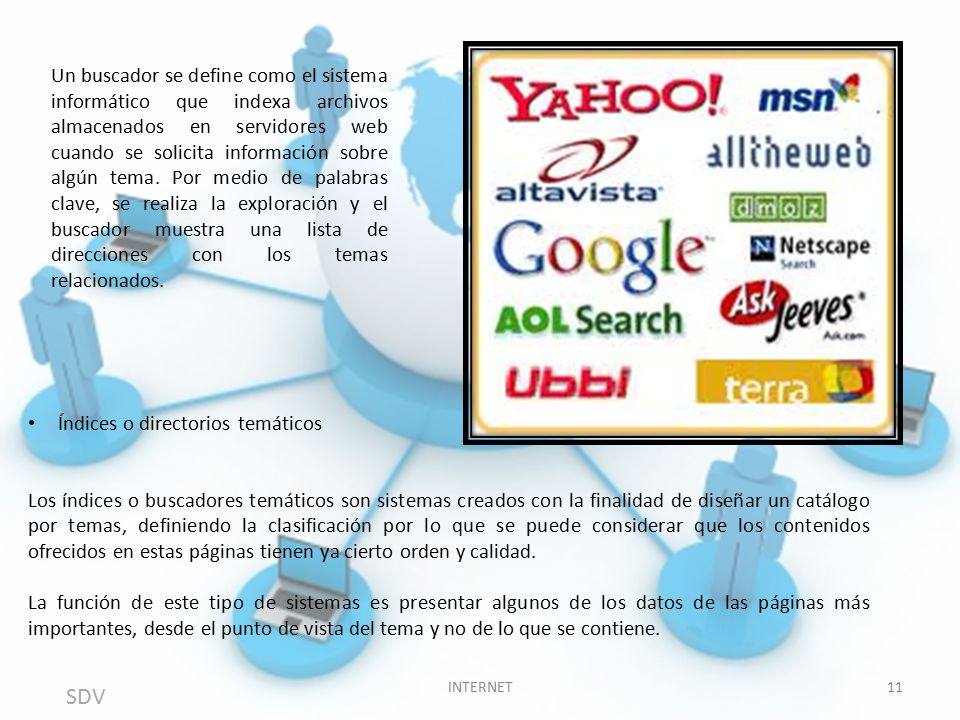 Un buscador se define como el sistema informático que indexa archivos almacenados en servidores web cuando se solicita información sobre algún tema. Por medio de palabras clave, se realiza la exploración y el buscador muestra una lista de direcciones con los temas relacionados.