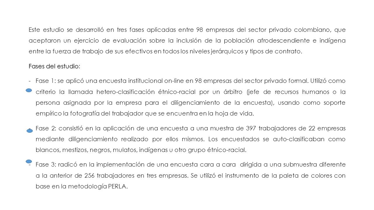 Este estudio se desarrolló en tres fases aplicadas entre 98 empresas del sector privado colombiano, que aceptaron un ejercicio de evaluación sobre la inclusión de la población afrodescendiente e indígena entre la fuerza de trabajo de sus efectivos en todos los niveles jerárquicos y tipos de contrato.