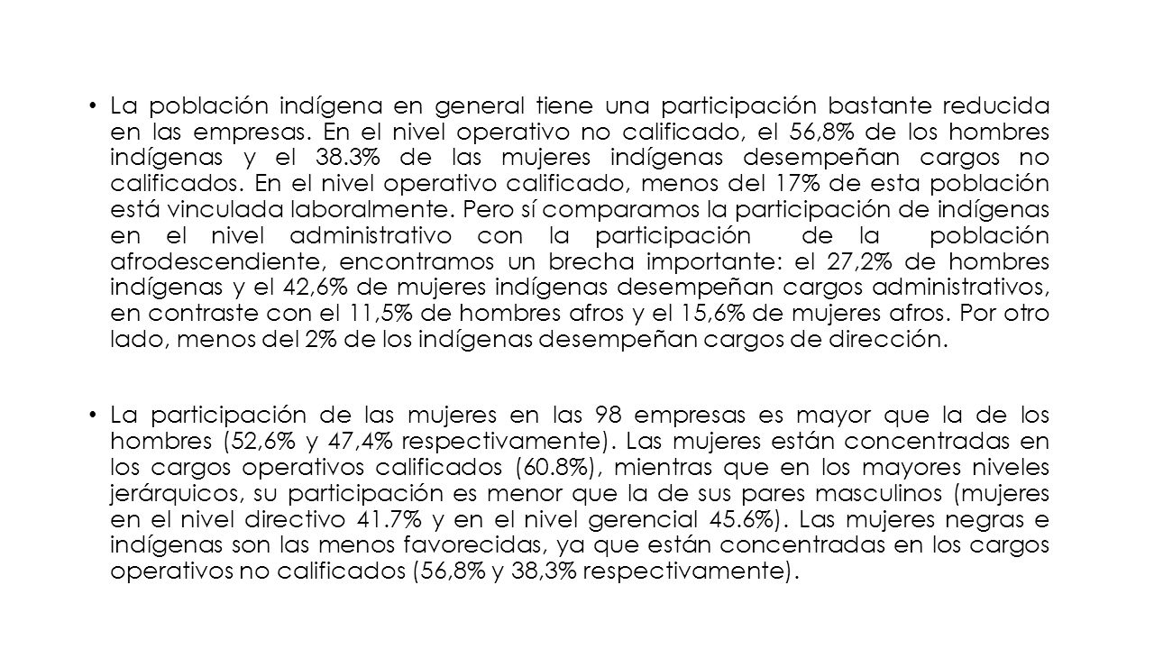 La población indígena en general tiene una participación bastante reducida en las empresas. En el nivel operativo no calificado, el 56,8% de los hombres indígenas y el 38.3% de las mujeres indígenas desempeñan cargos no calificados. En el nivel operativo calificado, menos del 17% de esta población está vinculada laboralmente. Pero sí comparamos la participación de indígenas en el nivel administrativo con la participación de la población afrodescendiente, encontramos un brecha importante: el 27,2% de hombres indígenas y el 42,6% de mujeres indígenas desempeñan cargos administrativos, en contraste con el 11,5% de hombres afros y el 15,6% de mujeres afros. Por otro lado, menos del 2% de los indígenas desempeñan cargos de dirección.