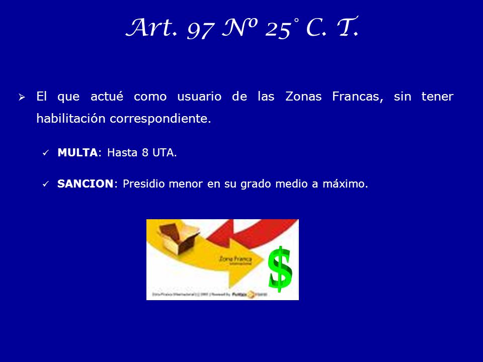 Art. 97 Nº 25° C. T. El que actué como usuario de las Zonas Francas, sin tener habilitación correspondiente.