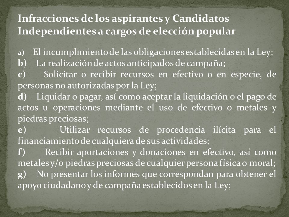 Infracciones de los aspirantes y Candidatos Independientes a cargos de elección popular