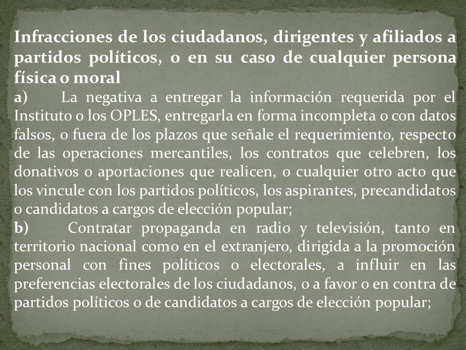 Infracciones de los ciudadanos, dirigentes y afiliados a partidos políticos, o en su caso de cualquier persona física o moral