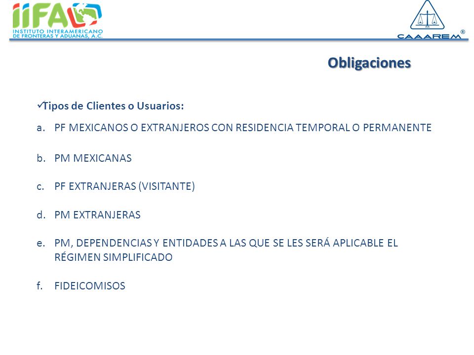 Obligaciones Tipos de Clientes o Usuarios:
