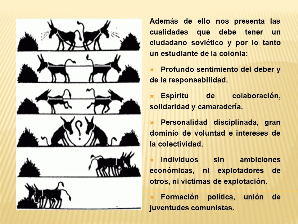 Además de ello nos presenta las cualidades que debe tener un ciudadano soviético y por lo tanto un estudiante de la colonia:
