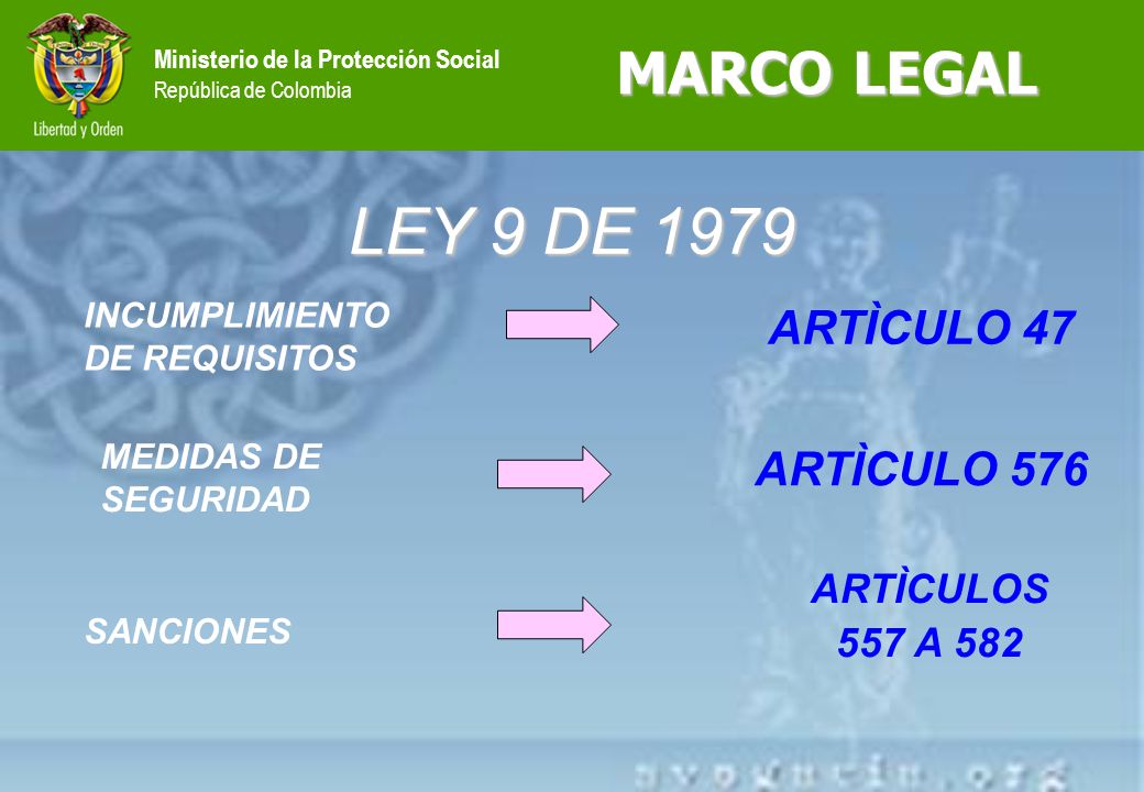 LEY 9 DE 1979 MARCO LEGAL ARTÌCULO 47 ARTÌCULO 576 ARTÌCULOS 557 A 582