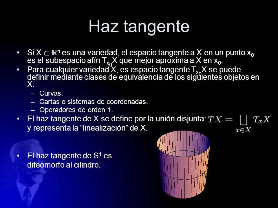 Haz tangente Si X ½ Rn es una variedad, el espacio tangente a X en un punto x0 es el subespacio afín Tx0X que mejor aproxima a X en x0.