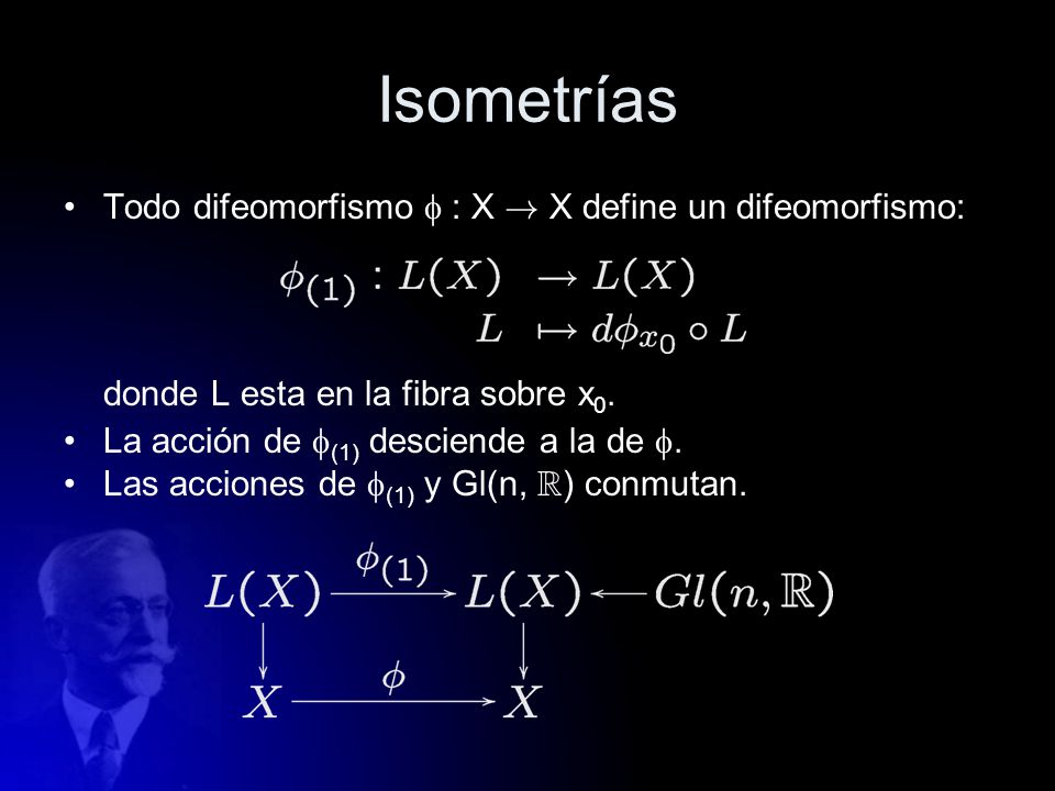 Isometrías Todo difeomorfismo  : X ! X define un difeomorfismo: