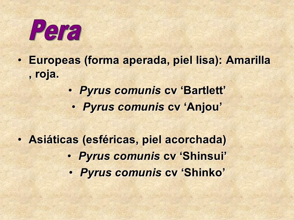 Pera Europeas (forma aperada, piel lisa): Amarilla , roja.
