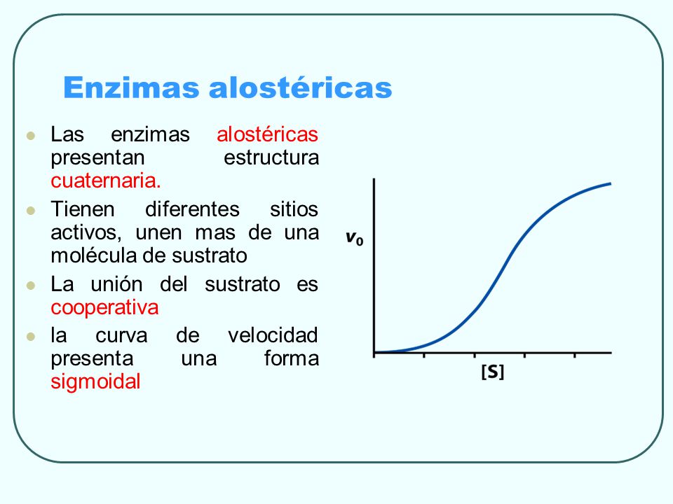 Enzimas alostéricas Las enzimas alostéricas presentan estructura cuaternaria. Tienen diferentes sitios activos, unen mas de una molécula de sustrato.