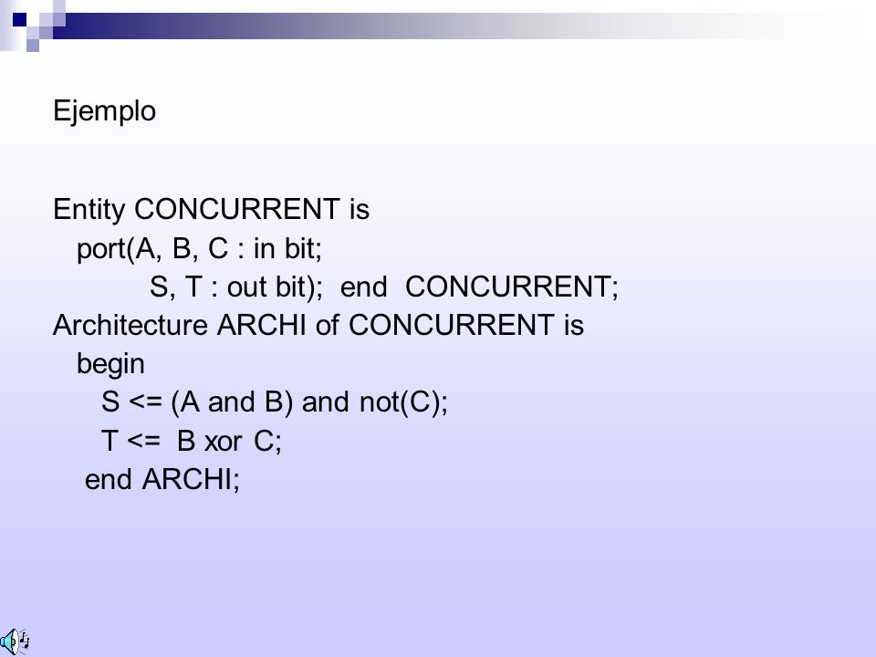 Ejemplo Entity CONCURRENT is. port(A, B, C : in bit; S, T : out bit); end CONCURRENT; Architecture ARCHI of CONCURRENT is.