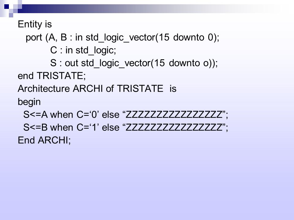 Entity is port (A, B : in std_logic_vector(15 downto 0); C : in std_logic; S : out std_logic_vector(15 downto o));