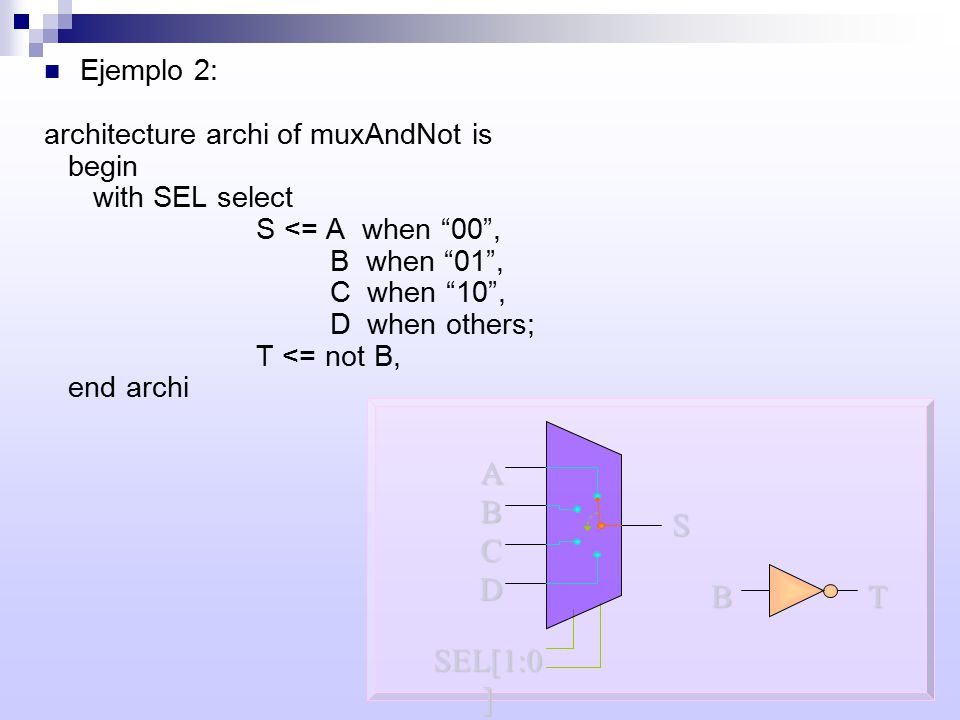 A B S C D T SEL[1:0] Ejemplo 2: architecture archi of muxAndNot is
