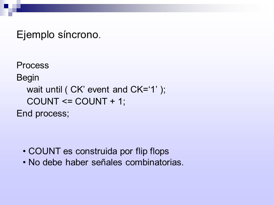 Ejemplo síncrono. Process Begin wait until ( CK’ event and CK=‘1’ );