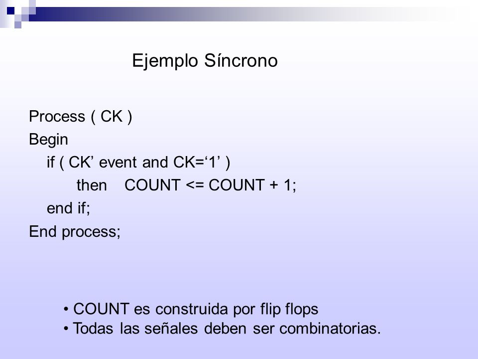 Ejemplo Síncrono Process ( CK ) Begin if ( CK’ event and CK=‘1’ )