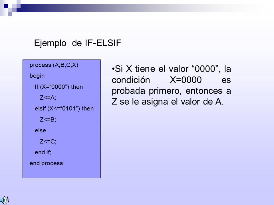 Ejemplo de IF-ELSIF process (A,B,C,X) begin. If (X= 0000 ) then. Z<=A; elsif (X<= 0101 ) then.
