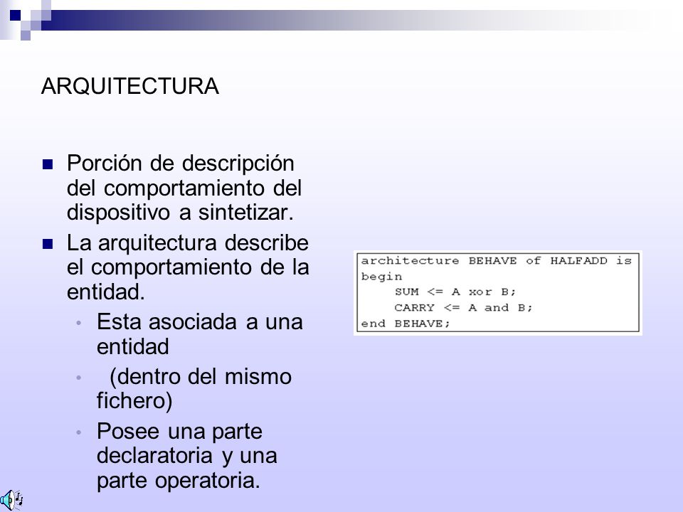 ARQUITECTURA Porción de descripción del comportamiento del dispositivo a sintetizar. La arquitectura describe el comportamiento de la entidad.