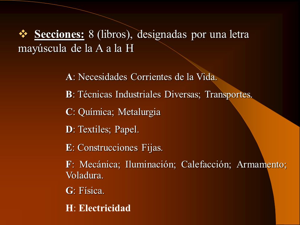 Secciones: 8 (libros), designadas por una letra mayúscula de la A a la H