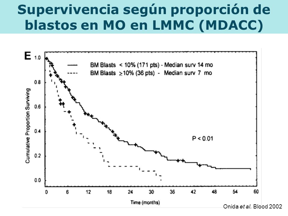 Supervivencia según proporción de blastos en MO en LMMC (MDACC)