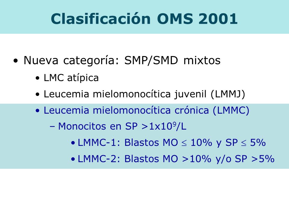 Clasificación OMS 2001 Nueva categoría: SMP/SMD mixtos LMC atípica