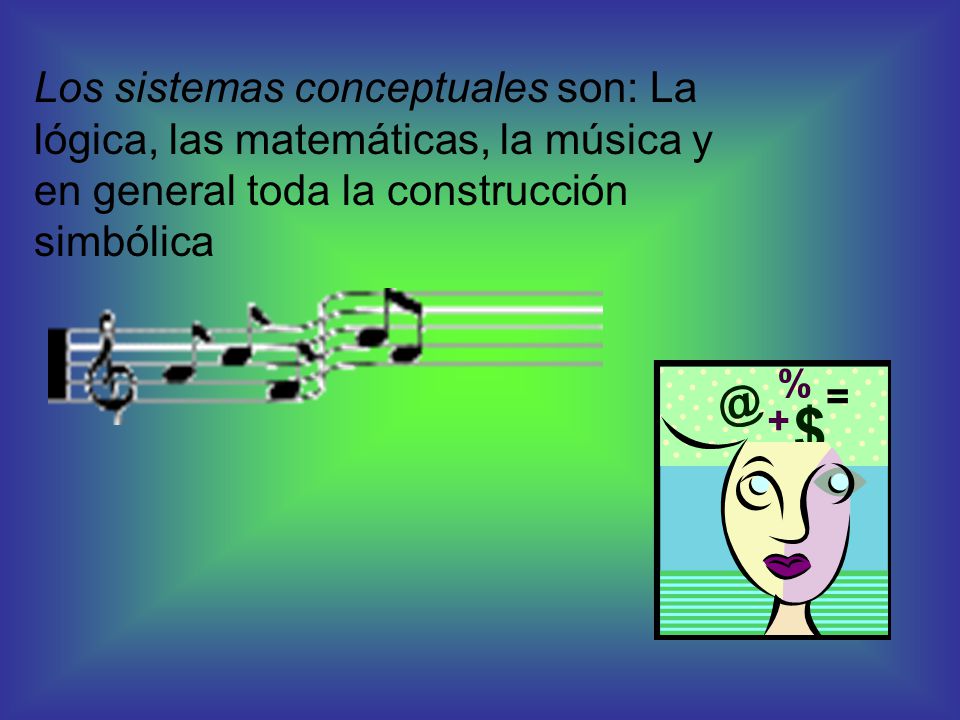 Los sistemas conceptuales son: La lógica, las matemáticas, la música y en general toda la construcción simbólica
