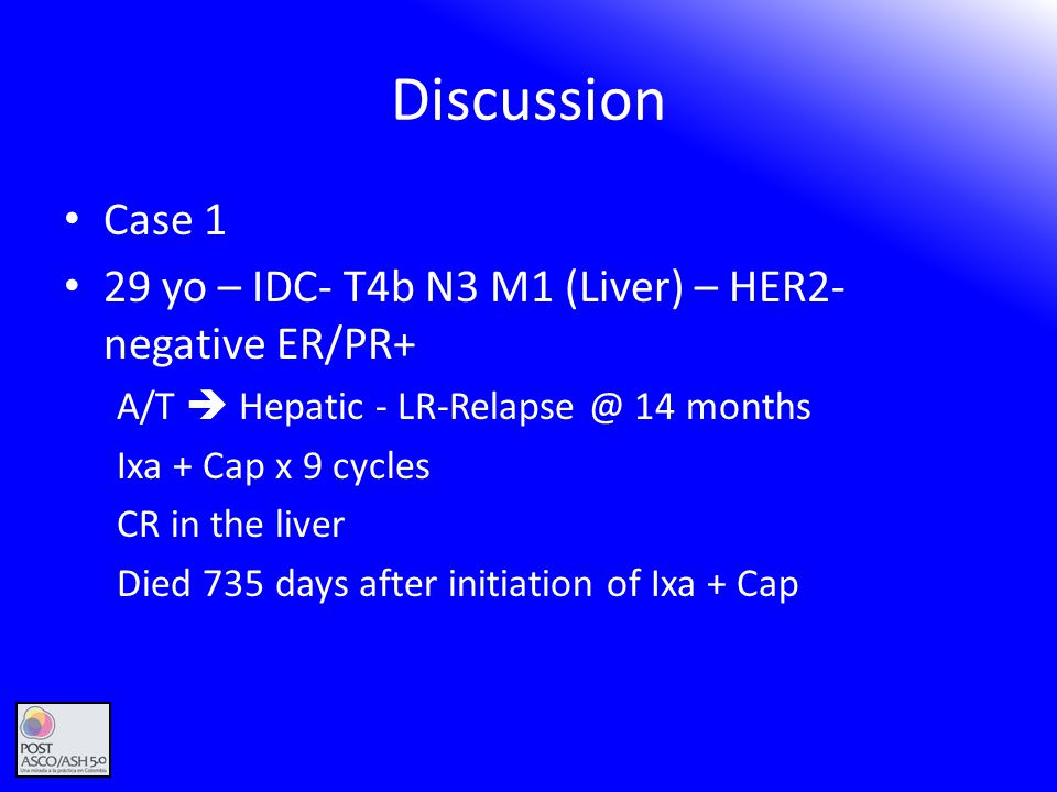 Discussion Case yo – IDC- T4b N3 M1 (Liver) – HER2-negative ER/PR+ A/T  Hepatic - 14 months.