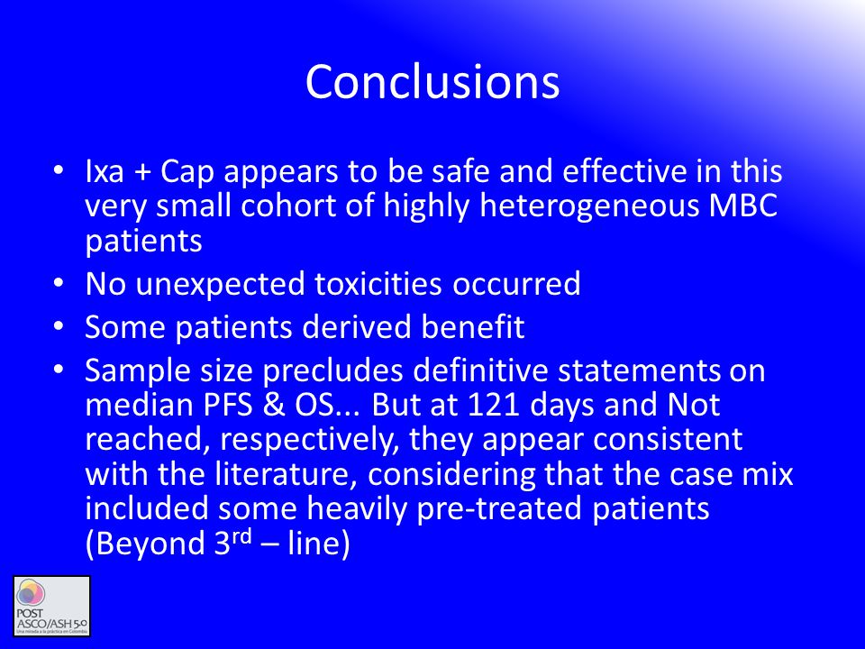 Conclusions Ixa + Cap appears to be safe and effective in this very small cohort of highly heterogeneous MBC patients.