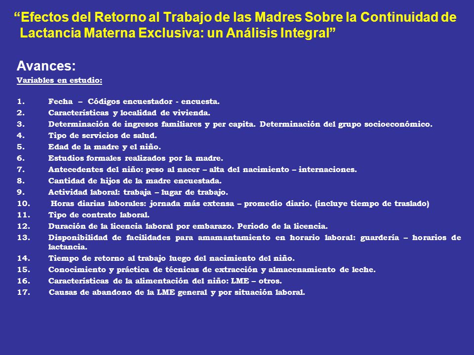 Efectos del Retorno al Trabajo de las Madres Sobre la Continuidad de Lactancia Materna Exclusiva: un Análisis Integral