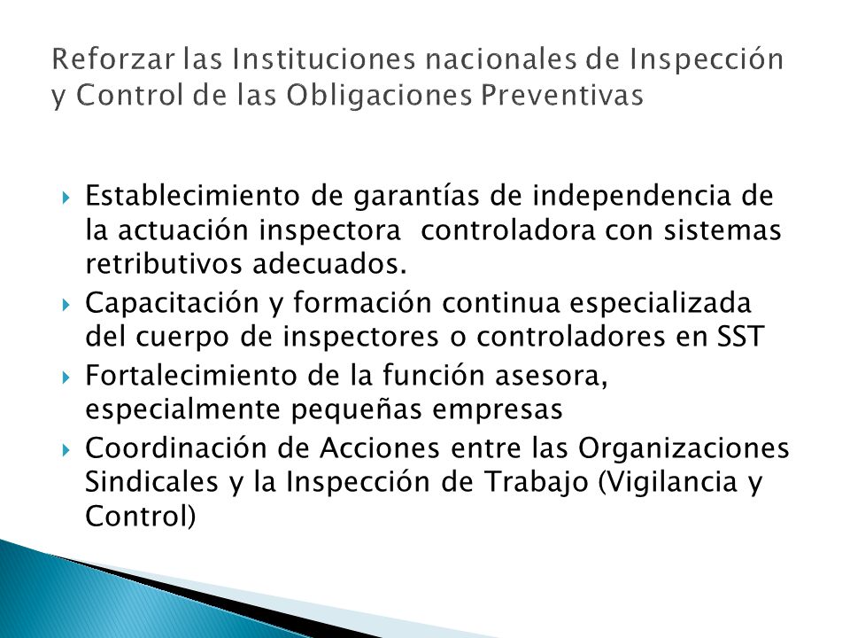 Reforzar las Instituciones nacionales de Inspección y Control de las Obligaciones Preventivas