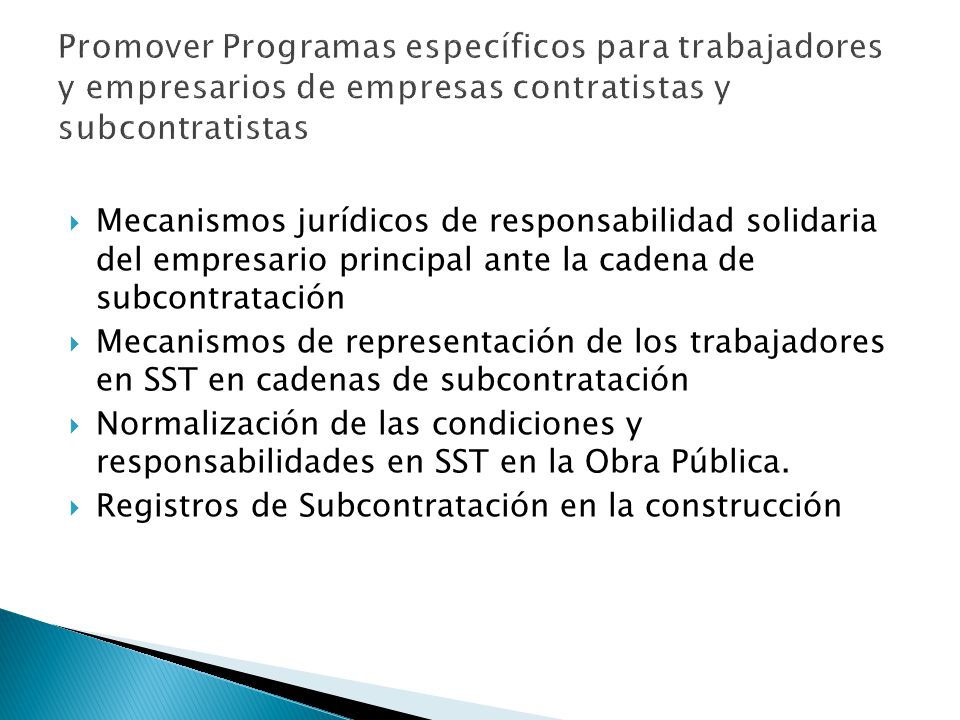 Promover Programas específicos para trabajadores y empresarios de empresas contratistas y subcontratistas