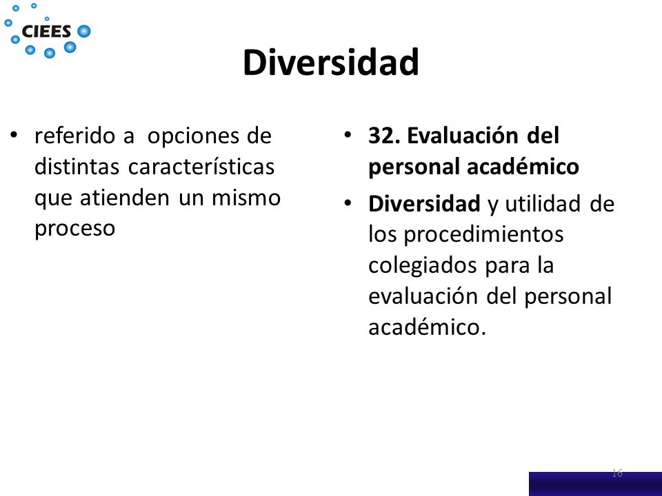 Diversidad referido a opciones de distintas características que atienden un mismo proceso. 32. Evaluación del personal académico.