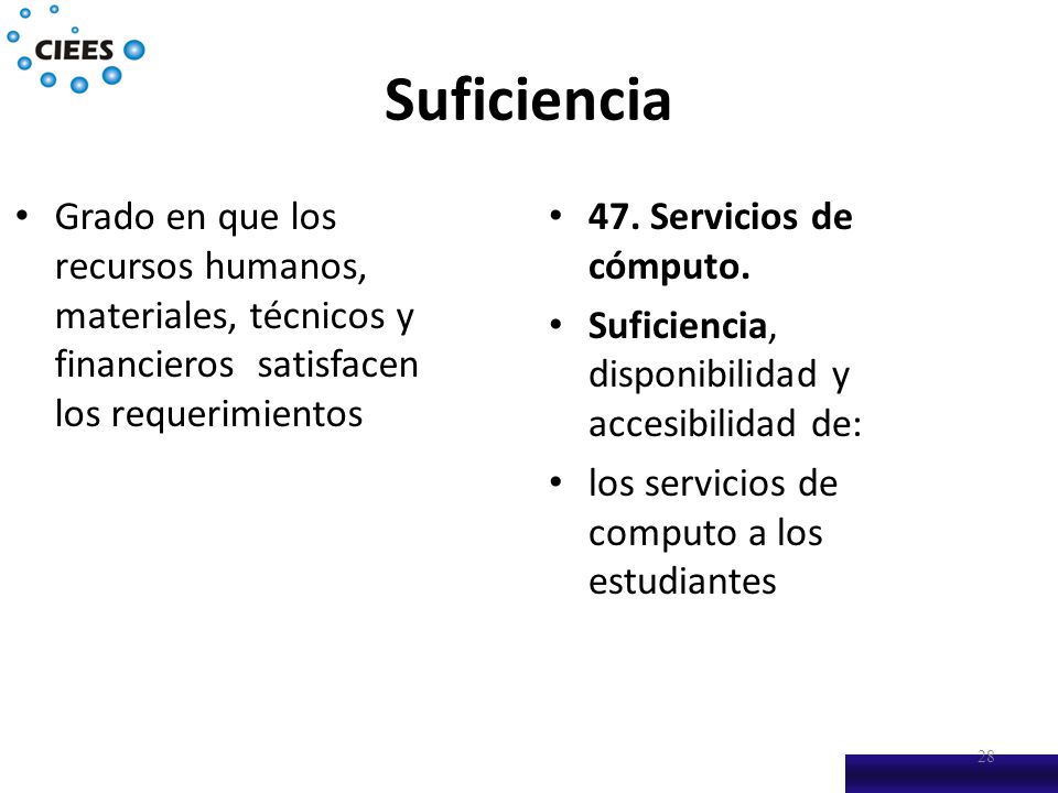 Suficiencia Grado en que los recursos humanos, materiales, técnicos y financieros satisfacen los requerimientos.