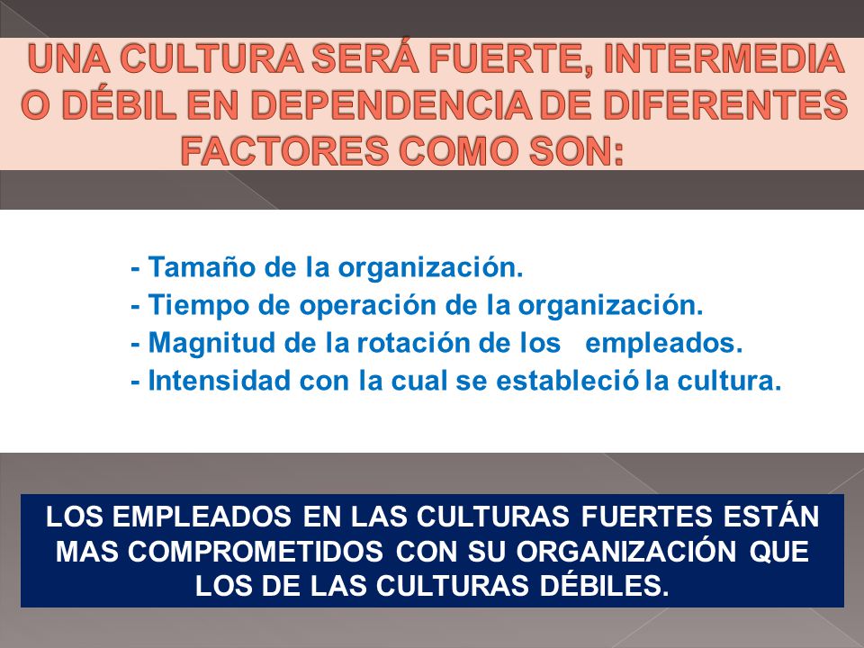 UNA CULTURA SERÁ FUERTE, INTERMEDIA O DÉBIL EN DEPENDENCIA DE DIFERENTES FACTORES COMO SON: