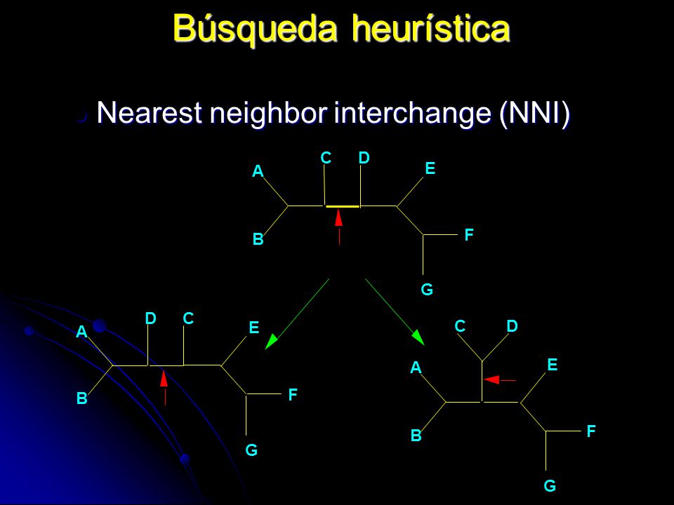 Búsqueda heurística Nearest neighbor interchange (NNI) A B C D E F G
