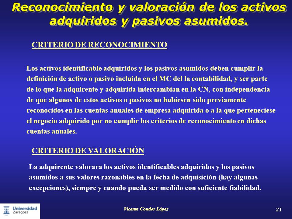 Reconocimiento y valoración de los activos adquiridos y pasivos asumidos.