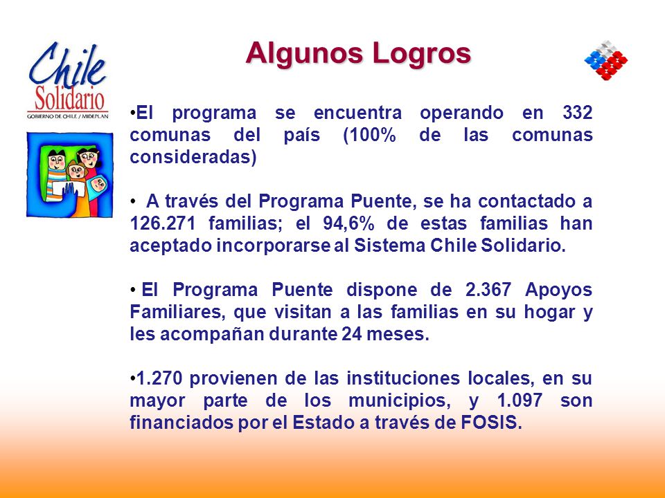 Algunos Logros El programa se encuentra operando en 332 comunas del país (100% de las comunas consideradas)