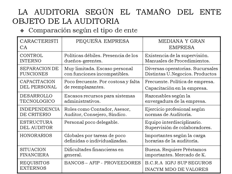 LA AUDITORIA SEGÚN EL TAMAÑO DEL ENTE OBJETO DE LA AUDITORIA