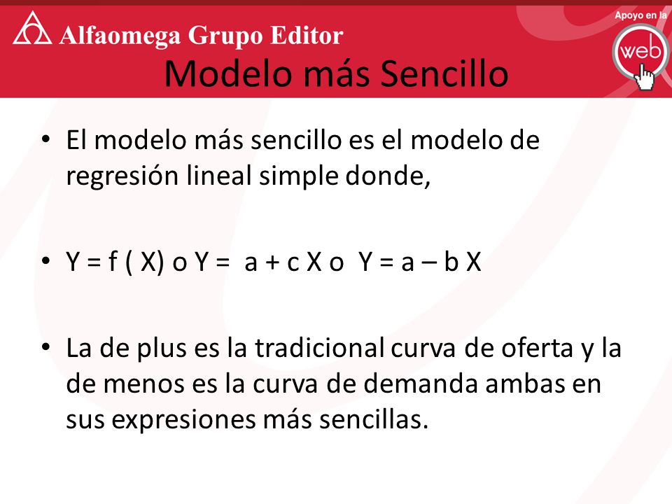 Modelo más Sencillo El modelo más sencillo es el modelo de regresión lineal simple donde, Y = f ( X) o Y = a + c X o Y = a – b X.