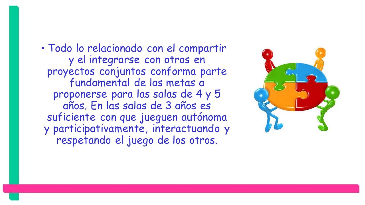 Todo lo relacionado con el compartir y el integrarse con otros en proyectos conjuntos conforma parte fundamental de las metas a proponerse para las salas de 4 y 5 años.