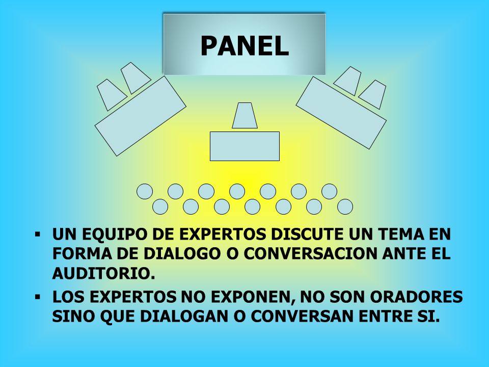 PANEL UN EQUIPO DE EXPERTOS DISCUTE UN TEMA EN FORMA DE DIALOGO O CONVERSACION ANTE EL AUDITORIO.