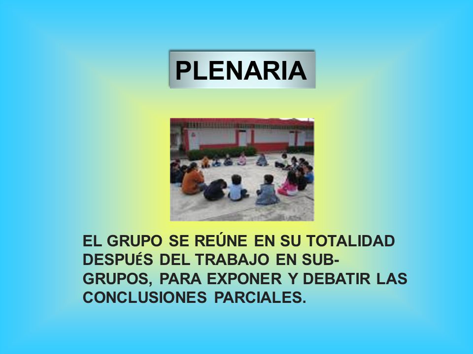 PLENARIA EL GRUPO SE REÚNE EN SU TOTALIDAD DESPUÉS DEL TRABAJO EN SUB-GRUPOS, PARA EXPONER Y DEBATIR LAS CONCLUSIONES PARCIALES.