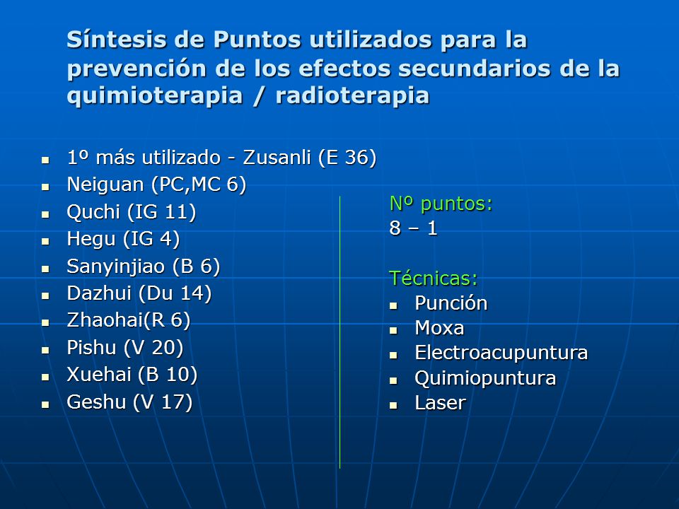 Síntesis de Puntos utilizados para la prevención de los efectos secundarios de la quimioterapia / radioterapia