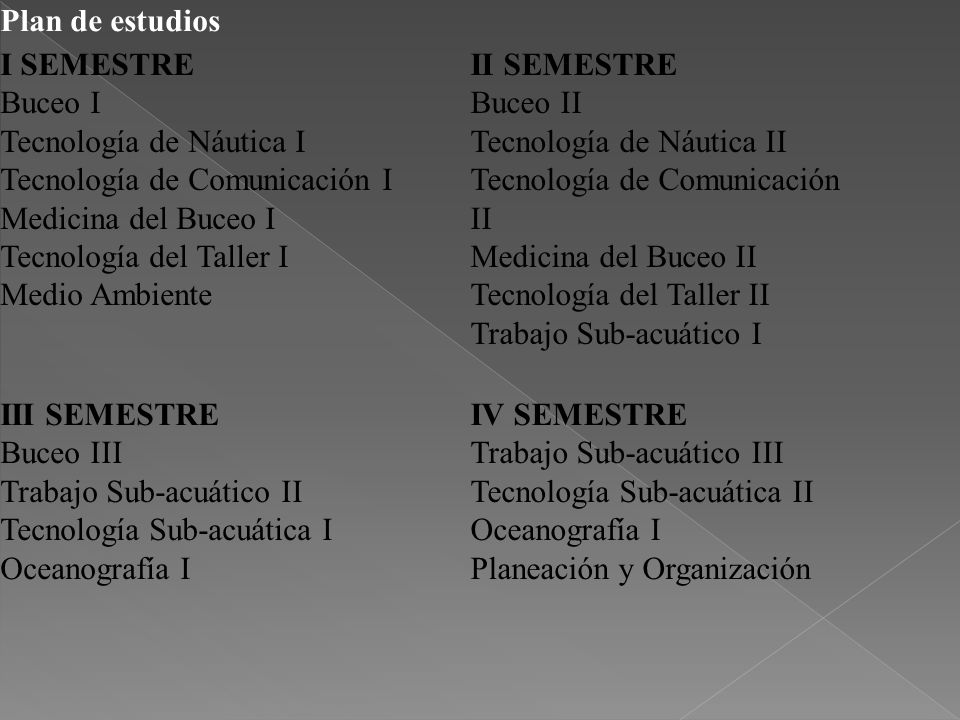 Plan de estudios I SEMESTRE Buceo I Tecnología de Náutica I Tecnología de Comunicación I Medicina del Buceo I Tecnología del Taller I Medio Ambiente.