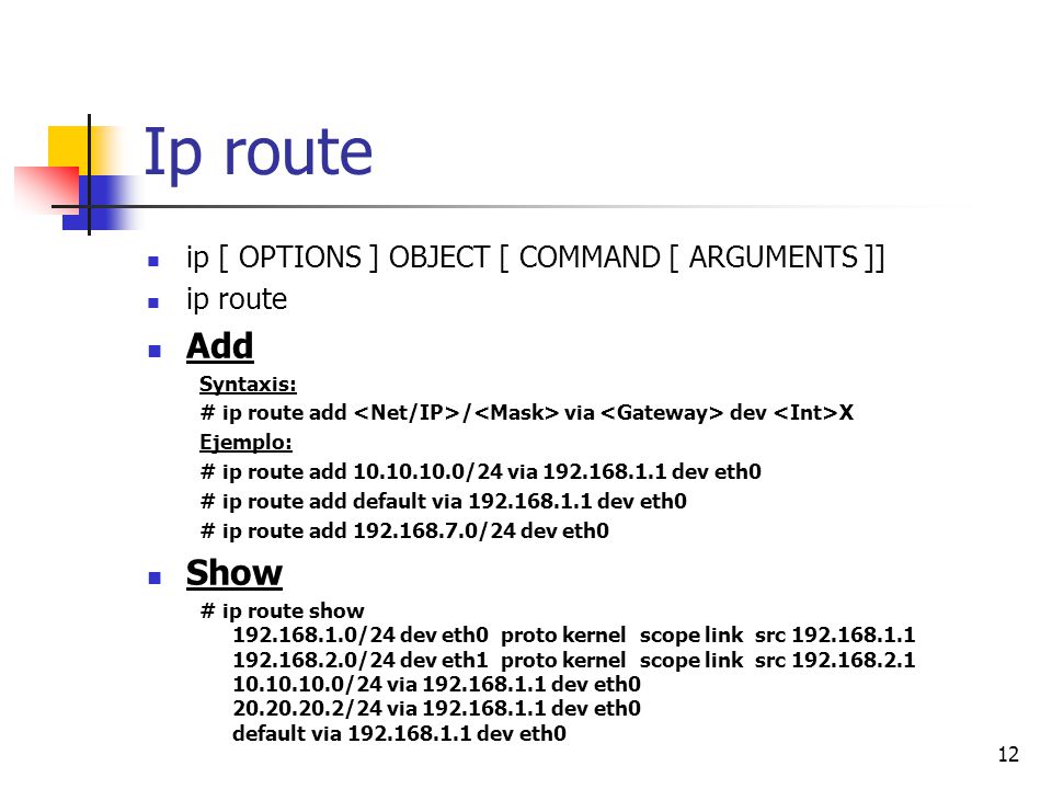 Ip route Add Show ip [ OPTIONS ] OBJECT [ COMMAND [ ARGUMENTS ]]