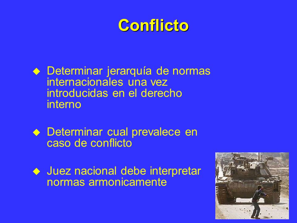 Conflicto Determinar jerarquía de normas internacionales una vez introducidas en el derecho interno.