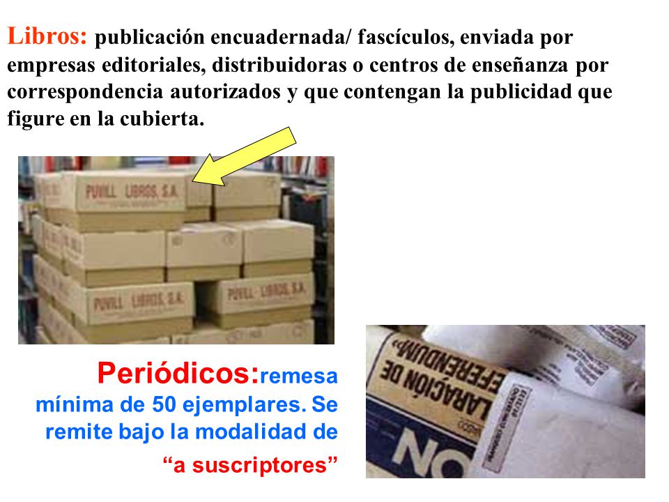 Libros: publicación encuadernada/ fascículos, enviada por empresas editoriales, distribuidoras o centros de enseñanza por correspondencia autorizados y que contengan la publicidad que figure en la cubierta.