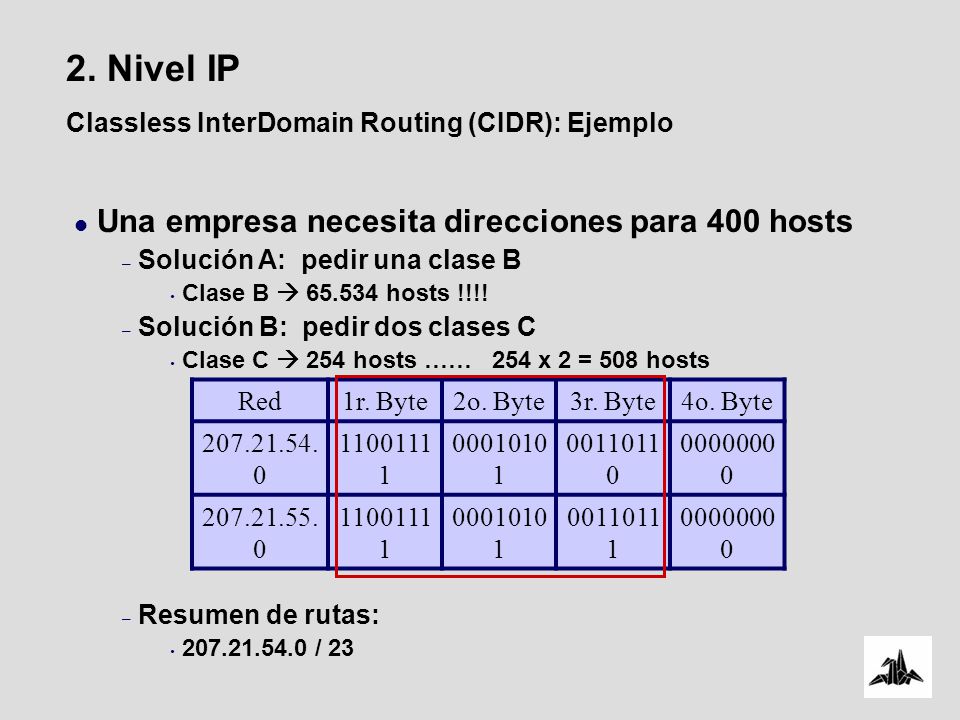 2. Nivel IP Una empresa necesita direcciones para 400 hosts