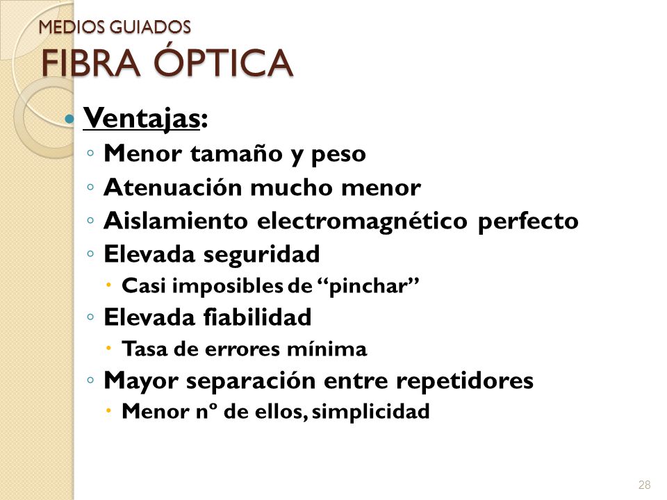 FIBRA ÓPTICA Ventajas: Menor tamaño y peso Atenuación mucho menor