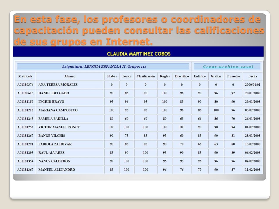 En esta fase, los profesores o coordinadores de capacitación pueden consultar las calificaciones de sus grupos en Internet.