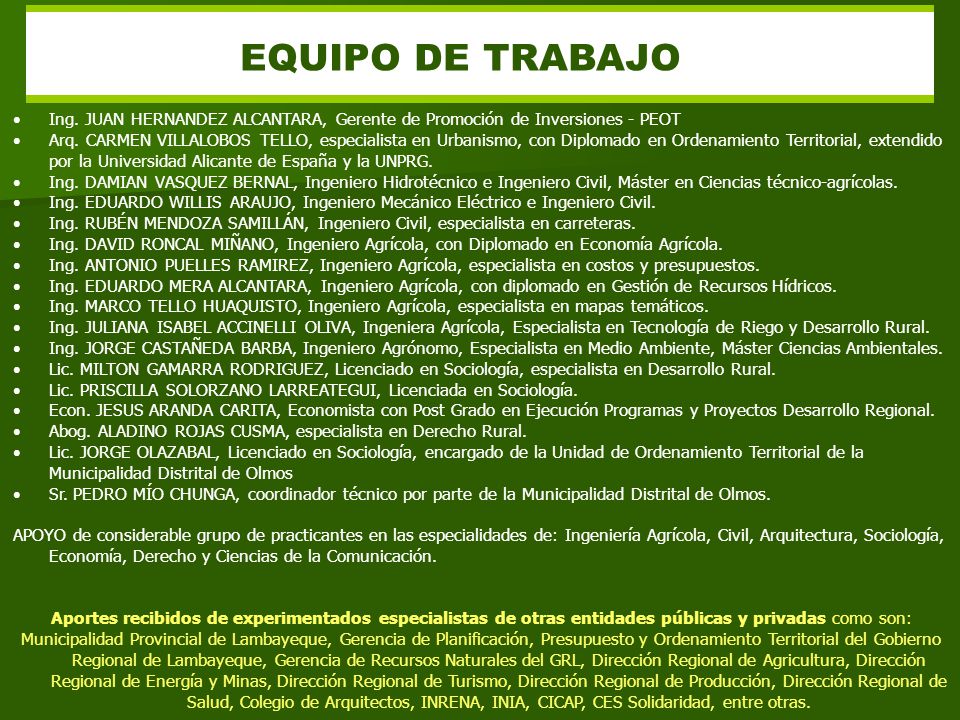 EQUIPO DE TRABAJO Ing. JUAN HERNANDEZ ALCANTARA, Gerente de Promoción de Inversiones - PEOT.