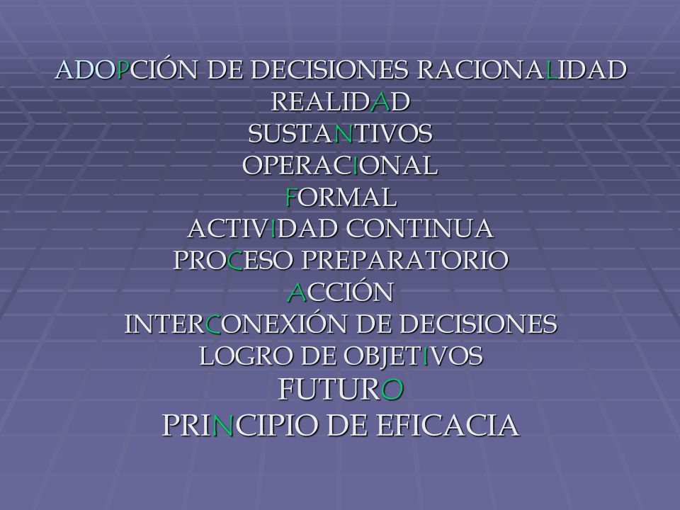 ADOPCIÓN DE DECISIONES RACIONALIDAD REALIDAD SUSTANTIVOS OPERACIONAL FORMAL ACTIVIDAD CONTINUA PROCESO PREPARATORIO ACCIÓN INTERCONEXIÓN DE DECISIONES LOGRO DE OBJETIVOS FUTURO PRINCIPIO DE EFICACIA